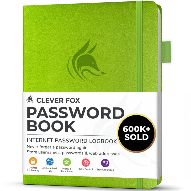 Clever Fox Password Book with alphabetical tabs. Internet Address Organizer Logbook. Small Pocket Password Keeper for Website Logins (Green) - Image 1